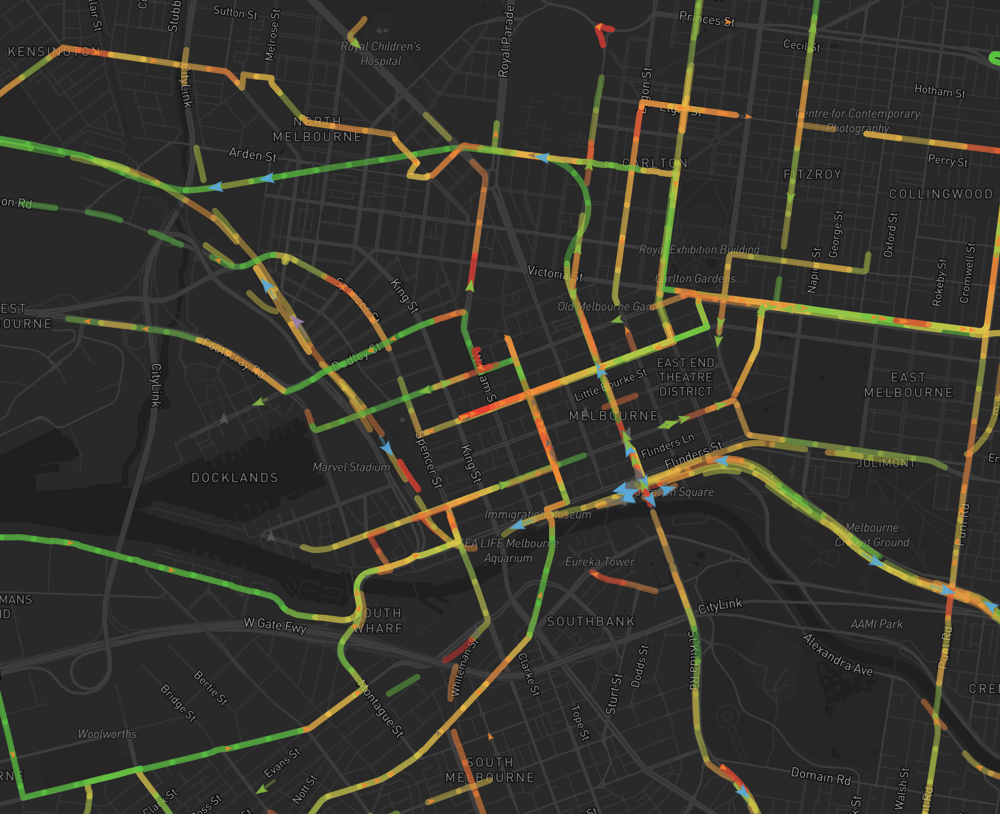 Congestion heatmap during peak hour — red segments along known Melbourne bottlenecks