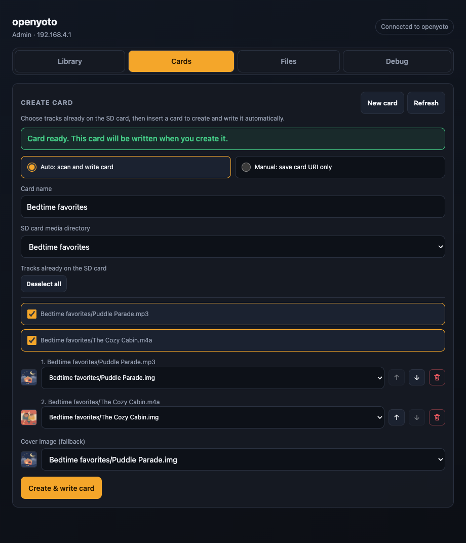 Open Yoto admin page for writing an NFC card: choosing its tracks and cover artwork