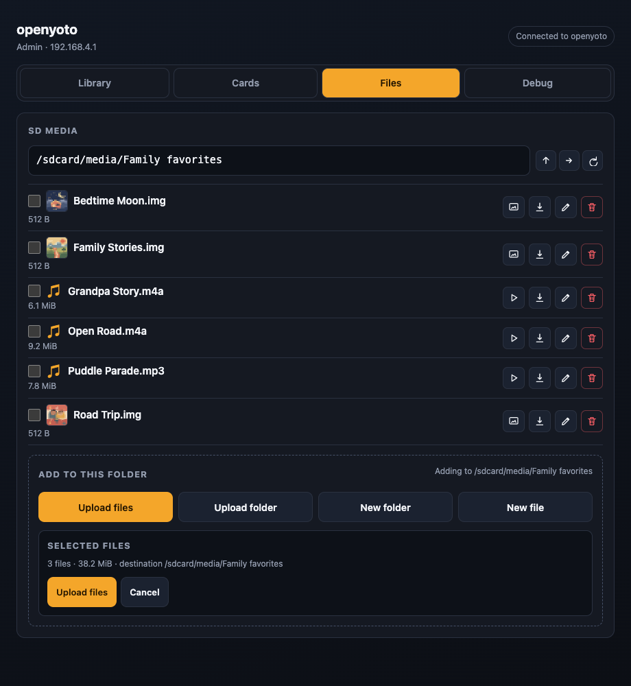 Open Yoto admin page served by the player: uploading audio files and folders to the SD card